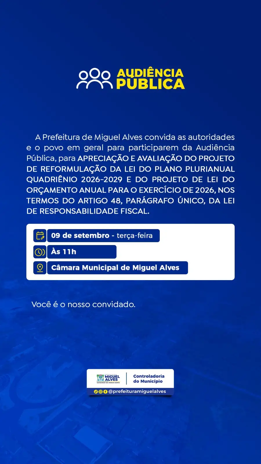 Convite de Audiência Pública Referente ao PPA 2026 2029 e LOA 2026